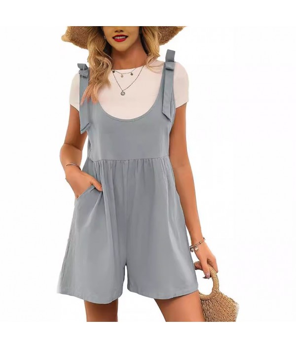 Summer Women Casual Solid Color Cotton Linen Pocket Rompers