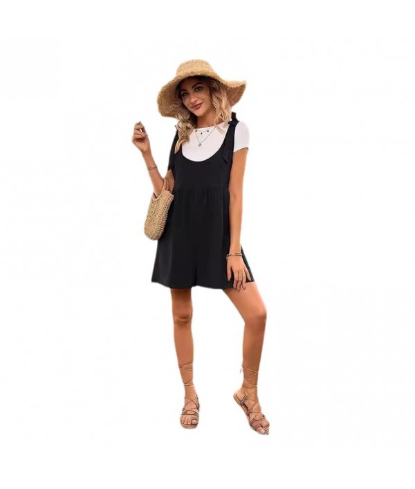 Summer Women Casual Solid Color Cotton Linen Pocket Rompers