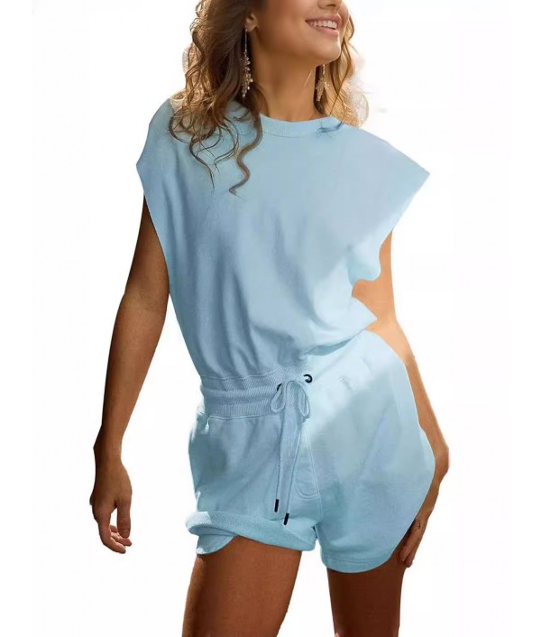 Summer Women Casual Solid Color Round Neck Backless Drawstring Rompers