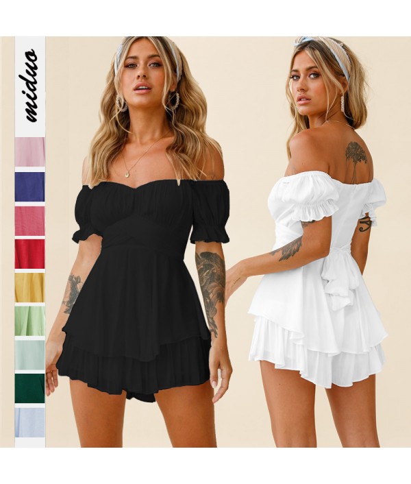 Summer Women Fashion Sexy Boat Neck Lantern Lotus Leaf Sleeve Rompers