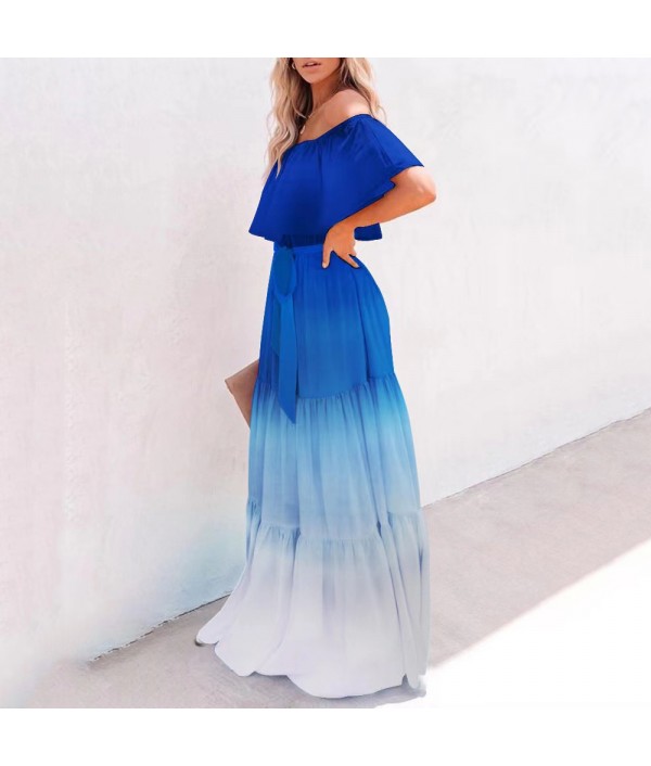 Summer Women Fashion Sexy Off Shoulder Gradient Maxi Dress