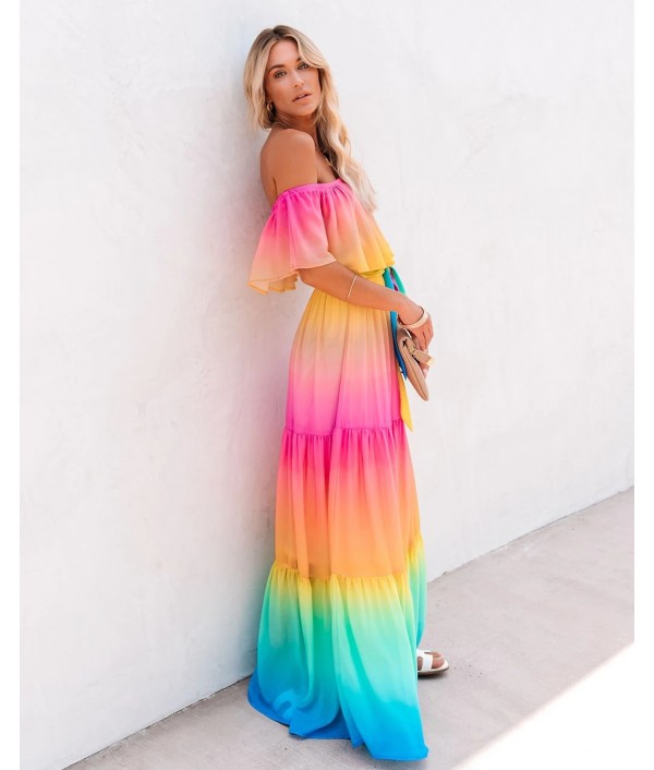 Summer Women Fashion Sexy Off Shoulder Gradient Maxi Dress