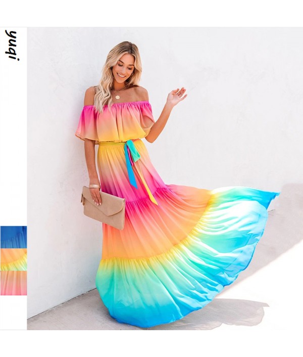 Summer Women Fashion Sexy Off Shoulder Gradient Maxi Dress