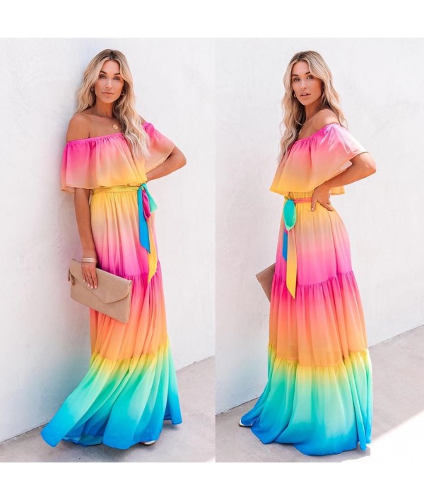 Summer Women Fashion Sexy Off Shoulder Gradient Maxi Dress