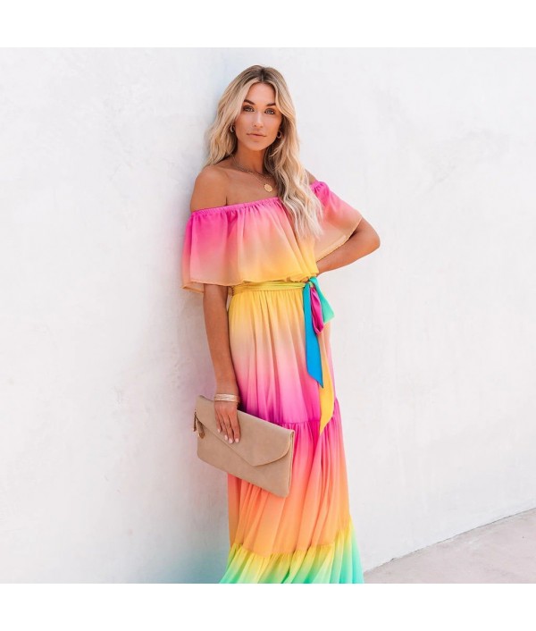 Summer Women Fashion Sexy Off Shoulder Gradient Maxi Dress