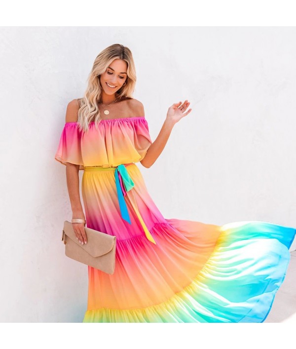 Summer Women Fashion Sexy Off Shoulder Gradient Maxi Dress