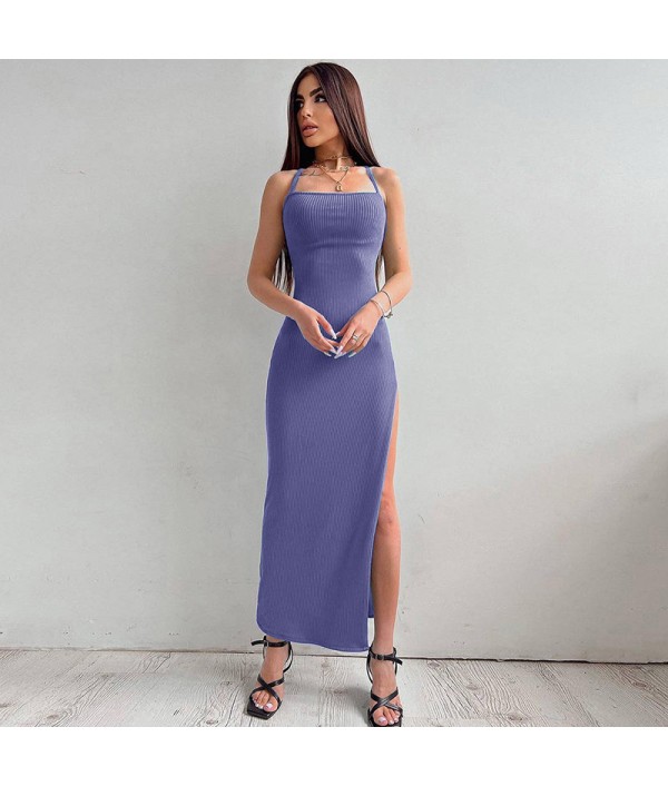 Summer Women Fashion Solid Color Strap Backless Split Dress