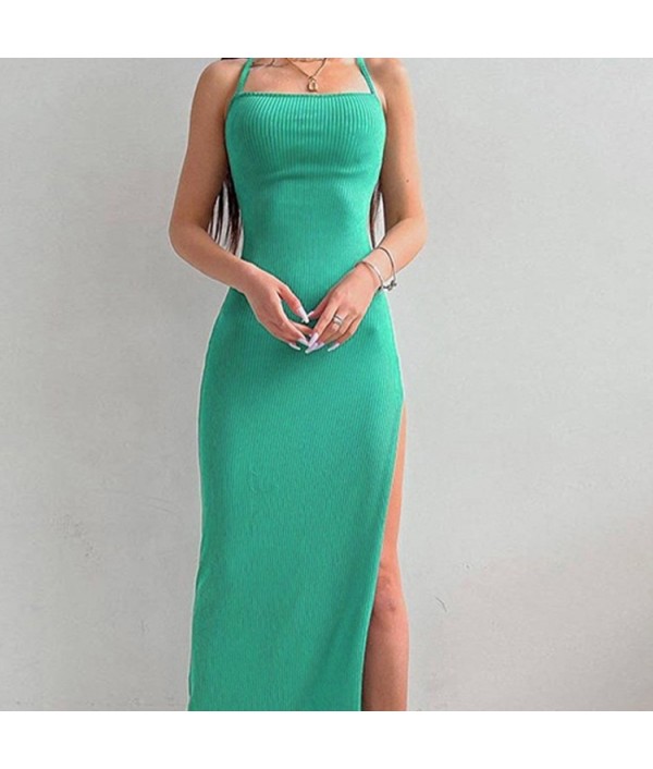 Summer Women Fashion Solid Color Strap Backless Split Dress