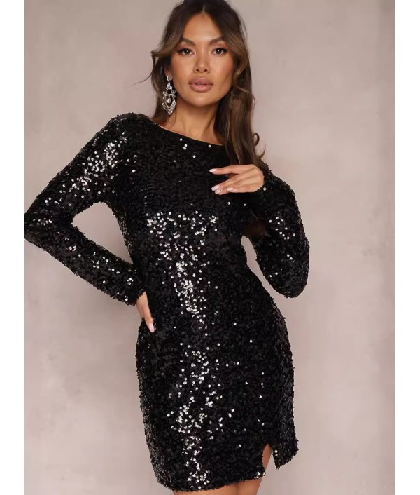 Women Fashion Sequin Long Sleeve Party Dress