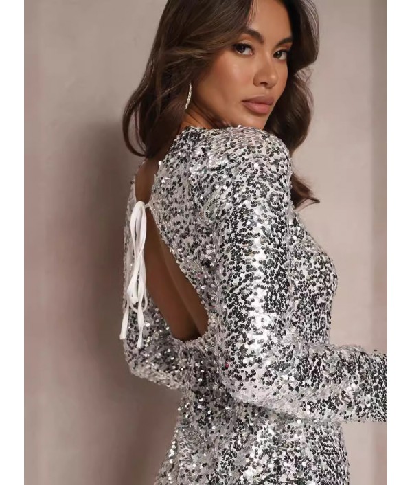 Women Fashion Sequin Long Sleeve Party Dress