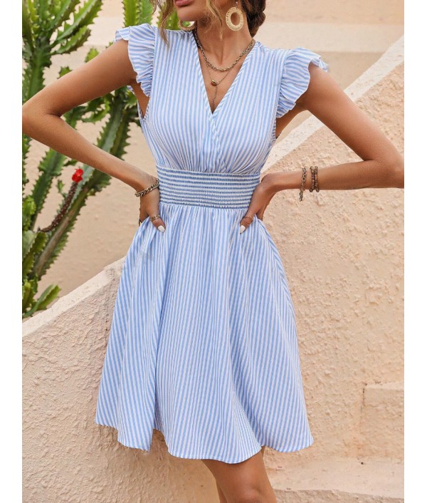 Women Fashion Stripe Print Ruffled Sleeve Dress