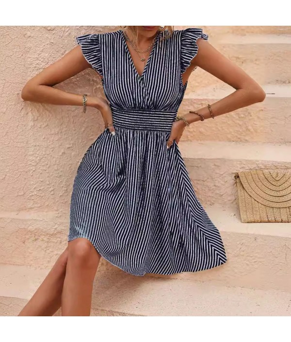 Women Fashion Stripe Print Ruffled Sleeve Dress