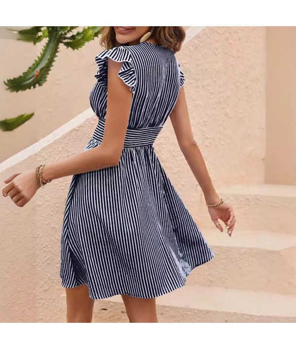 Women Fashion Stripe Print Ruffled Sleeve Dress