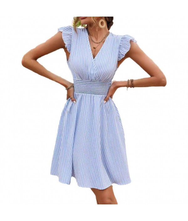 Women Fashion Stripe Print Ruffled Sleeve Dress