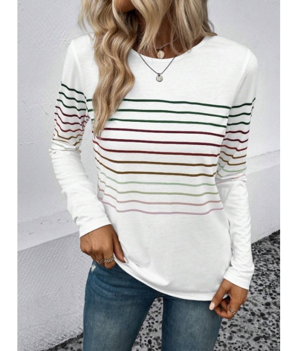 Autumn And Winter Fashion Stripe Printed Round Neck Long Sleeve T-Shirt Women