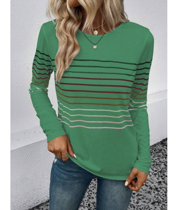 Autumn And Winter Fashion Stripe Printed Round Neck Long Sleeve T-Shirt Women