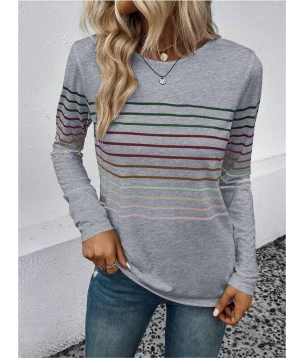 Autumn And Winter Fashion Stripe Printed Round Neck Long Sleeve T-Shirt Women