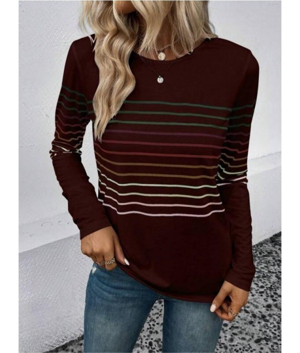 Autumn And Winter Fashion Stripe Printed Round Neck Long Sleeve T-Shirt Women