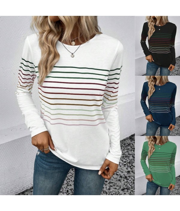 Autumn And Winter Fashion Stripe Printed Round Neck Long Sleeve T-Shirt Women