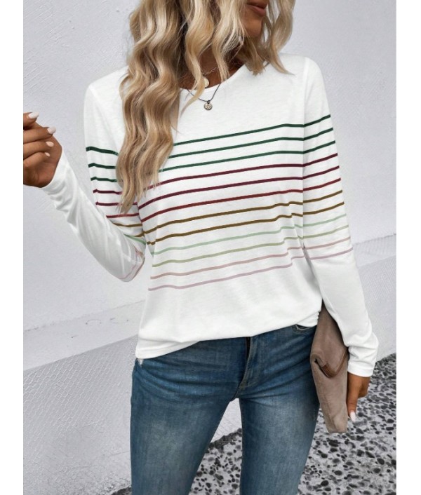 Autumn And Winter Fashion Stripe Printed Round Neck Long Sleeve T-Shirt Women