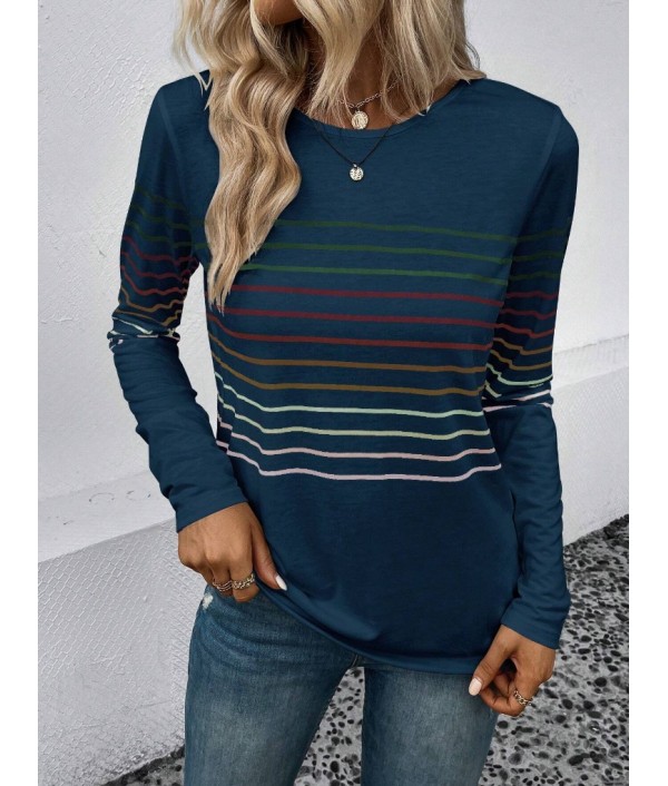 Autumn And Winter Fashion Stripe Printed Round Neck Long Sleeve T-Shirt Women