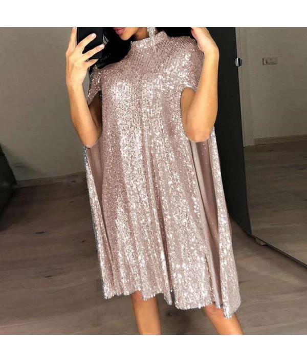 Women Fashion Collar Sequin Loose Party Dress