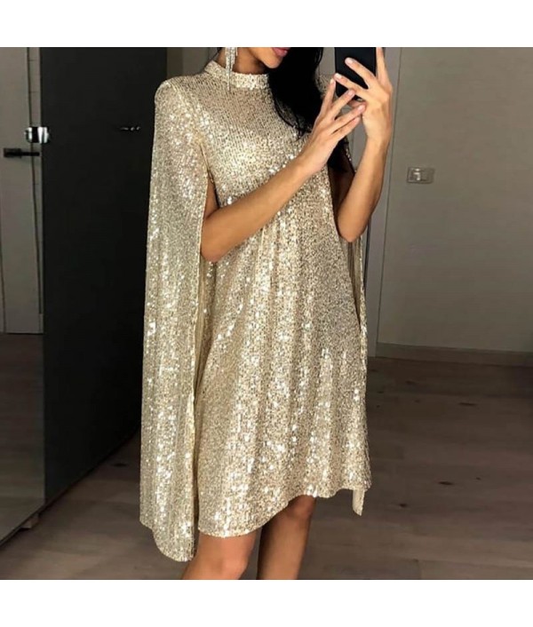 Women Fashion Collar Sequin Loose Party Dress