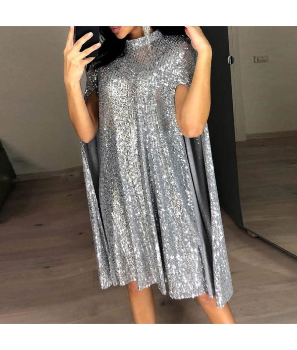 Women Fashion Collar Sequin Loose Party Dress