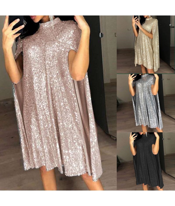 Women Fashion Collar Sequin Loose Party Dress