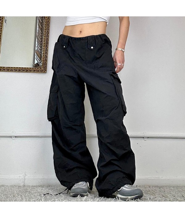 Women Casual Low Waisted Lace-Up Loose Multi-Pocket Cargo Pants