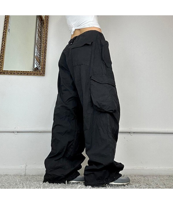 Women Casual Low Waisted Lace-Up Loose Multi-Pocket Cargo Pants