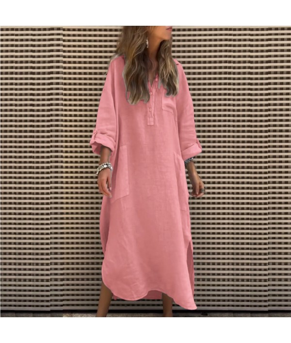 Women Casual Solid Color Loose Pocket Maxi Dress