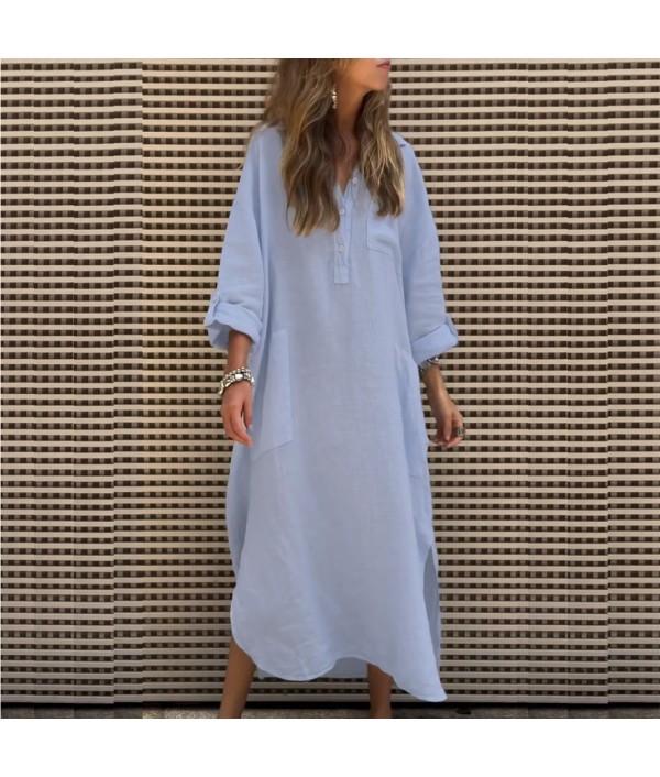 Women Casual Solid Color Loose Pocket Maxi Dress