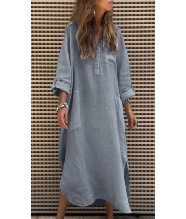 Women Casual Solid Color Loose Pocket Maxi Dress