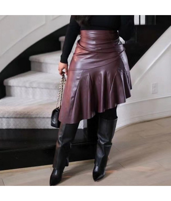 Autumn And Winter Women Fashion High Waist Irregular PU Skirt