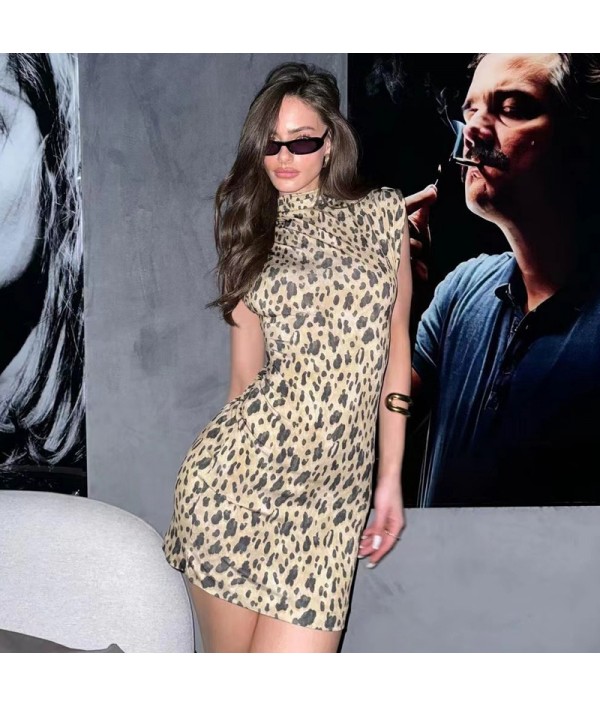 Summer Women Fashion Sexy Leopard Print Round Neck Sleeveless Dress