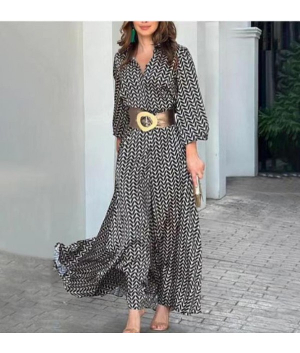 Women Fashion Casual V-Neck Geometric Printing Long Sleeve Maxi Dress