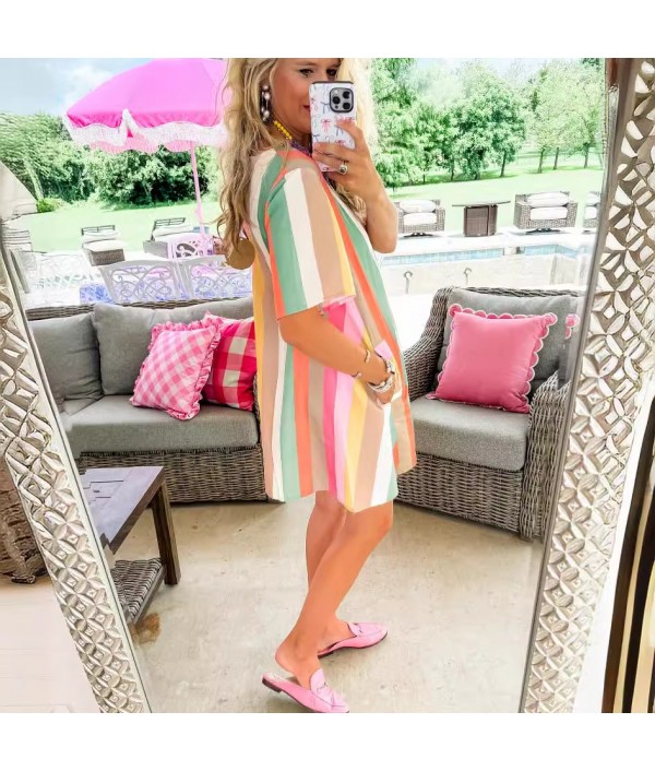 Women Fashion Casual Multicolor Stripe Print Round Neck Short Sleeve Dress