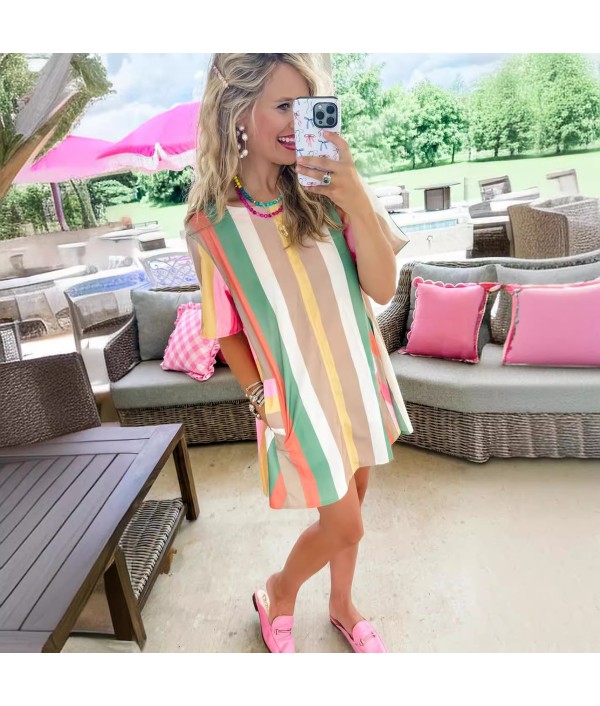 Women Fashion Casual Multicolor Stripe P...