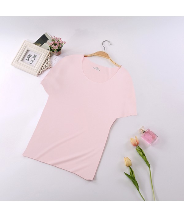 Women Simple Solid Color Base Ice Silk Seamless Short Sleeve Blank T-Shirt