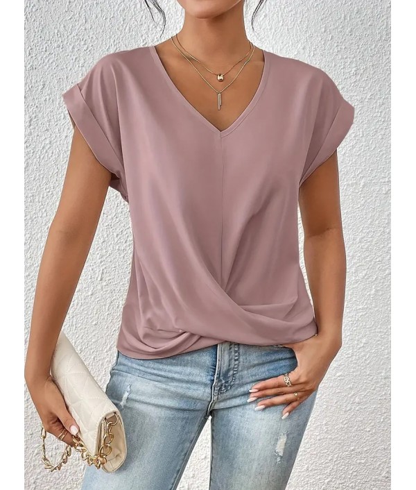 Summer Women Casual Solid Color V-Neck Short Sleeve Blank T-Shirt