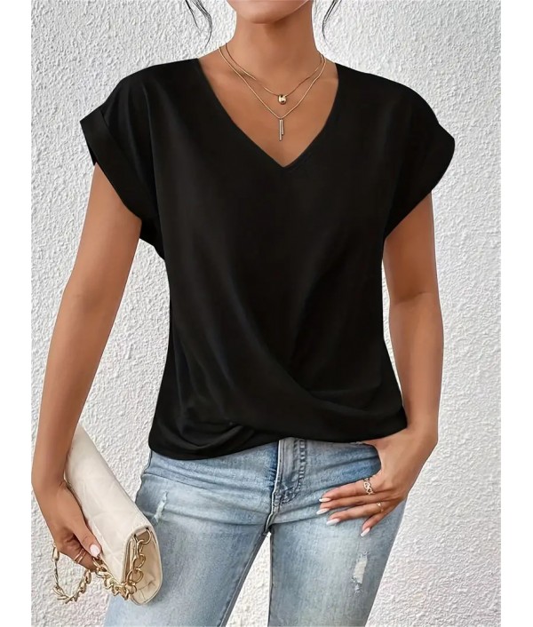 Summer Women Casual Solid Color V-Neck Short Sleeve Blank T-Shirt