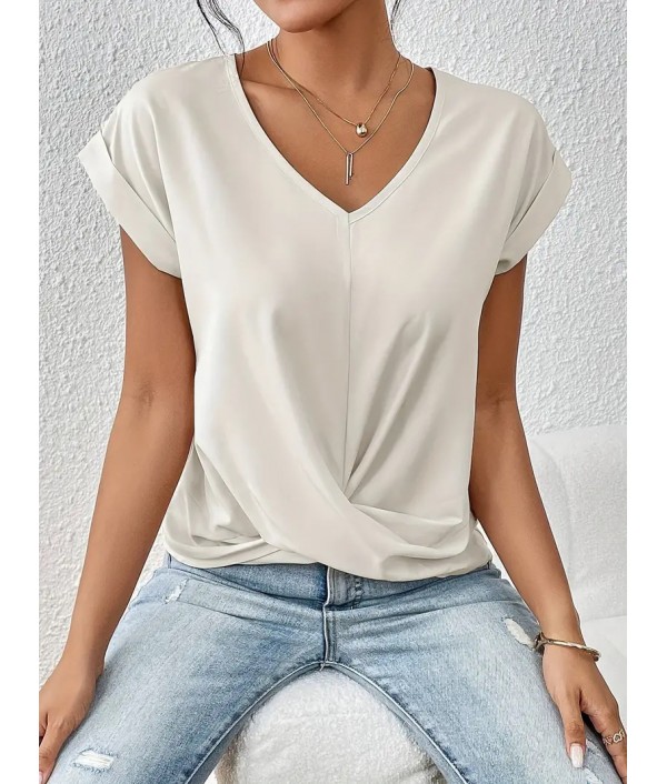 Summer Women Casual Solid Color V-Neck Short Sleeve Blank T-Shirt