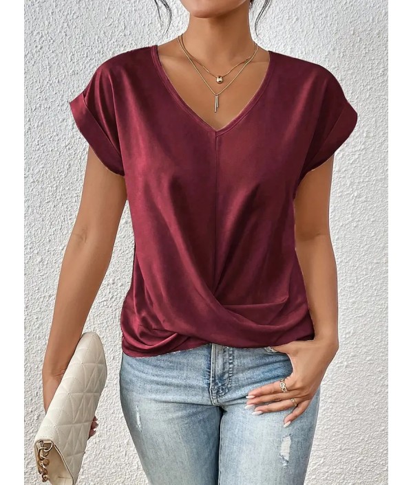 Summer Women Casual Solid Color V-Neck Short Sleeve Blank T-Shirt