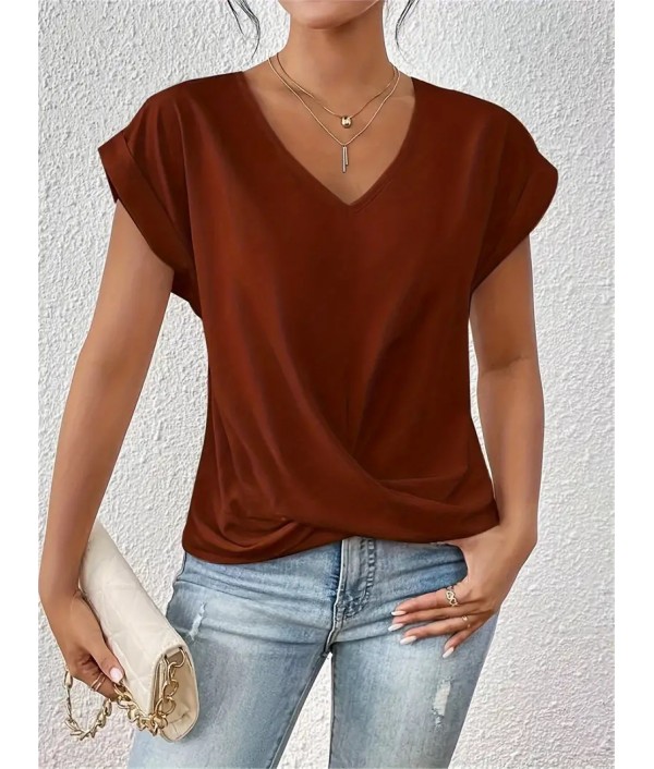 Summer Women Casual Solid Color V-Neck Short Sleeve Blank T-Shirt