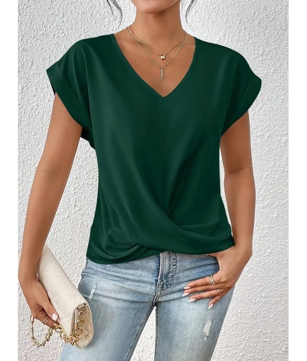 Summer Women Casual Solid Color V-Neck Short Sleeve Blank T-Shirt