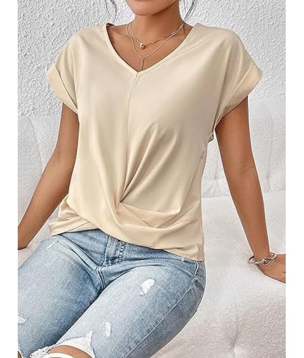 Summer Women Casual Solid Color V-Neck Short Sleeve Blank T-Shirt