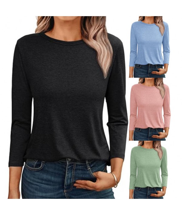 Women Fashion Casual Loose Round Neck Long Sleeve Blank T-Shirt