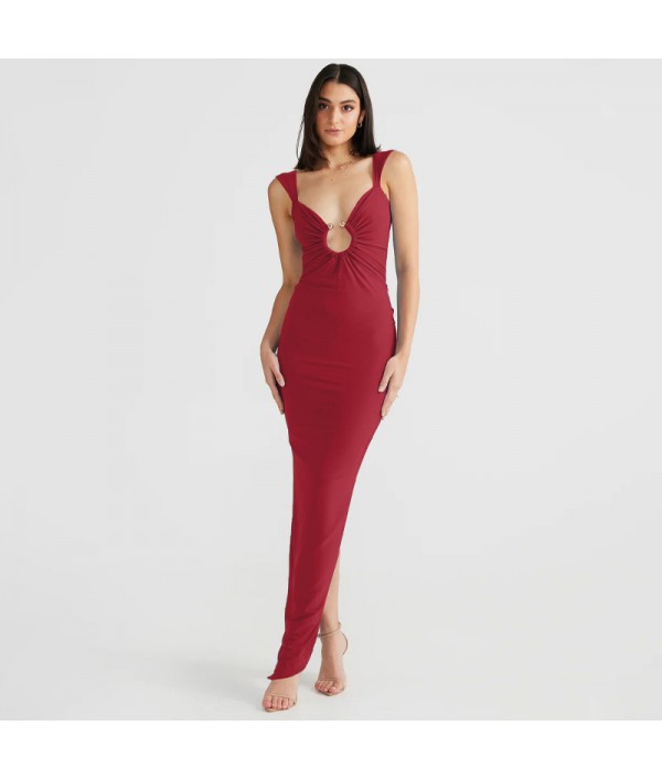 Women Fashion Sexy V-Neck Backless Split Tight Maxi Dress