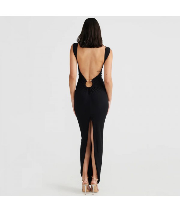 Women Fashion Sexy V-Neck Backless Split Tight Maxi Dress